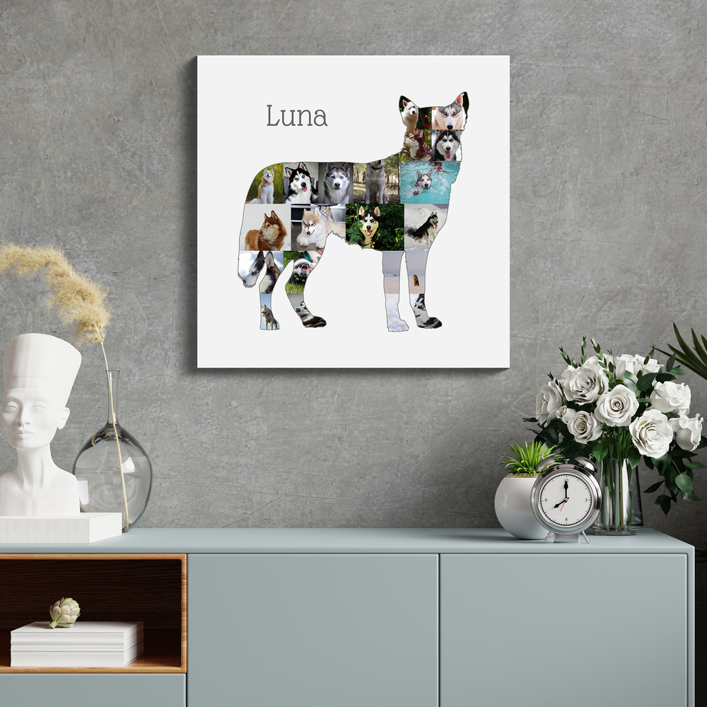 Collage de fotos en forma de husky de pie con nombre, sin marco, sobre un aparador en una pared gris