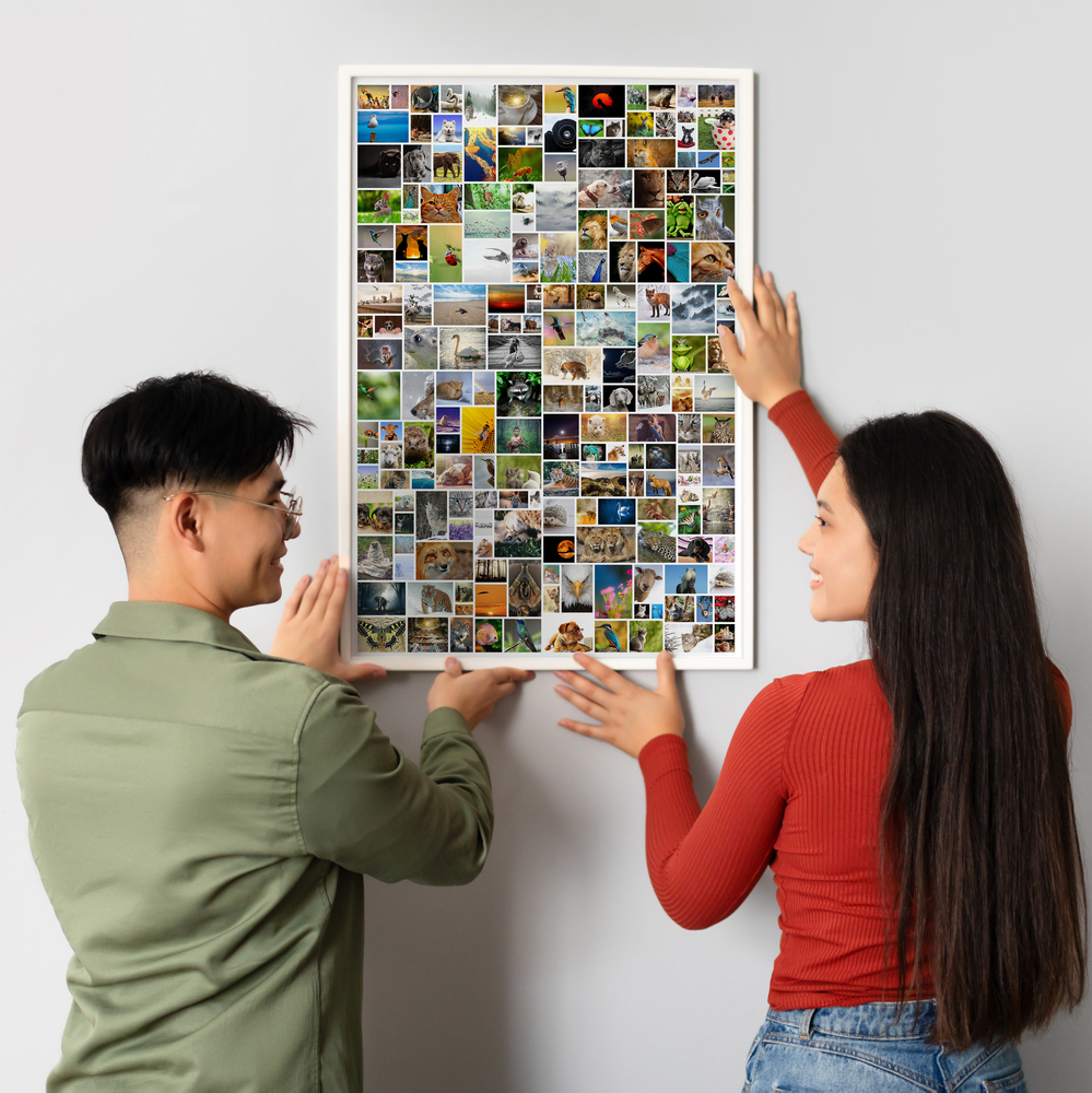 Collage vertical grande con muchas fotos de animales y naturaleza, enmarcado en blanco en una pared clara