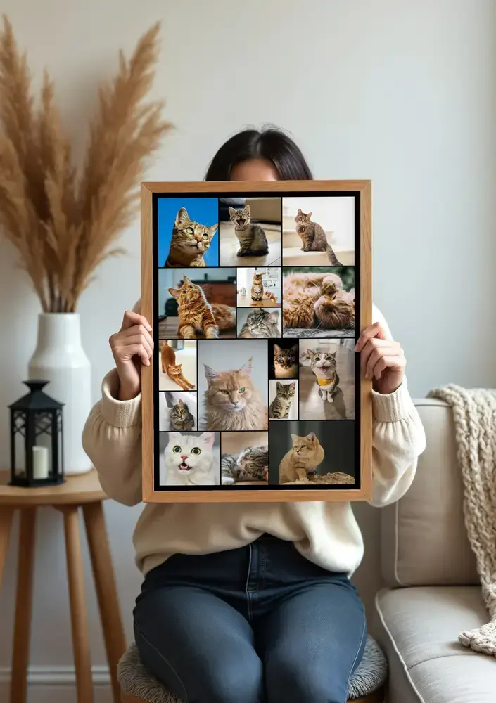 Collage vertical de gatos con marco de madera y fotos de varios tamaños, en el salón junto a un jarrón con pampas