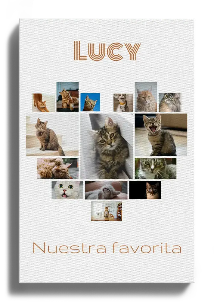 Lienzo blanco con collage de fotos de gatos en forma de corazón, nombre y dedicatoria personalizados