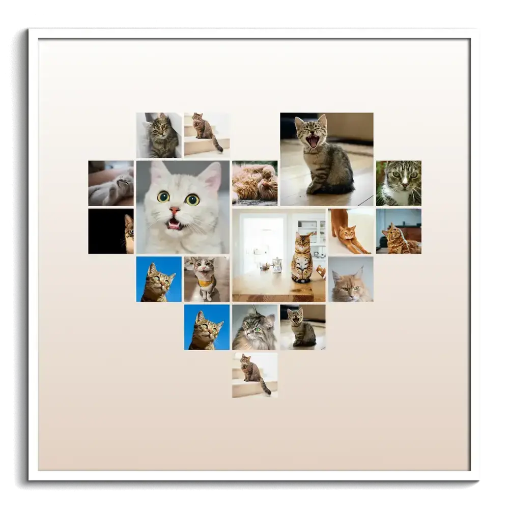Collage de fotos de gatos en forma de corazón con fondo degradado beige y marco blanco, regalo para amantes de los gatos