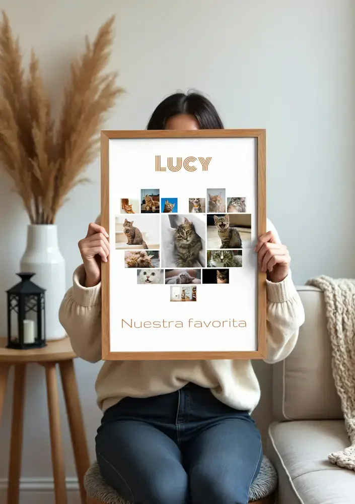 Collage de fotos de gatos en forma de corazón con nombre y dedicatoria, enmarcado en madera natural en el salón