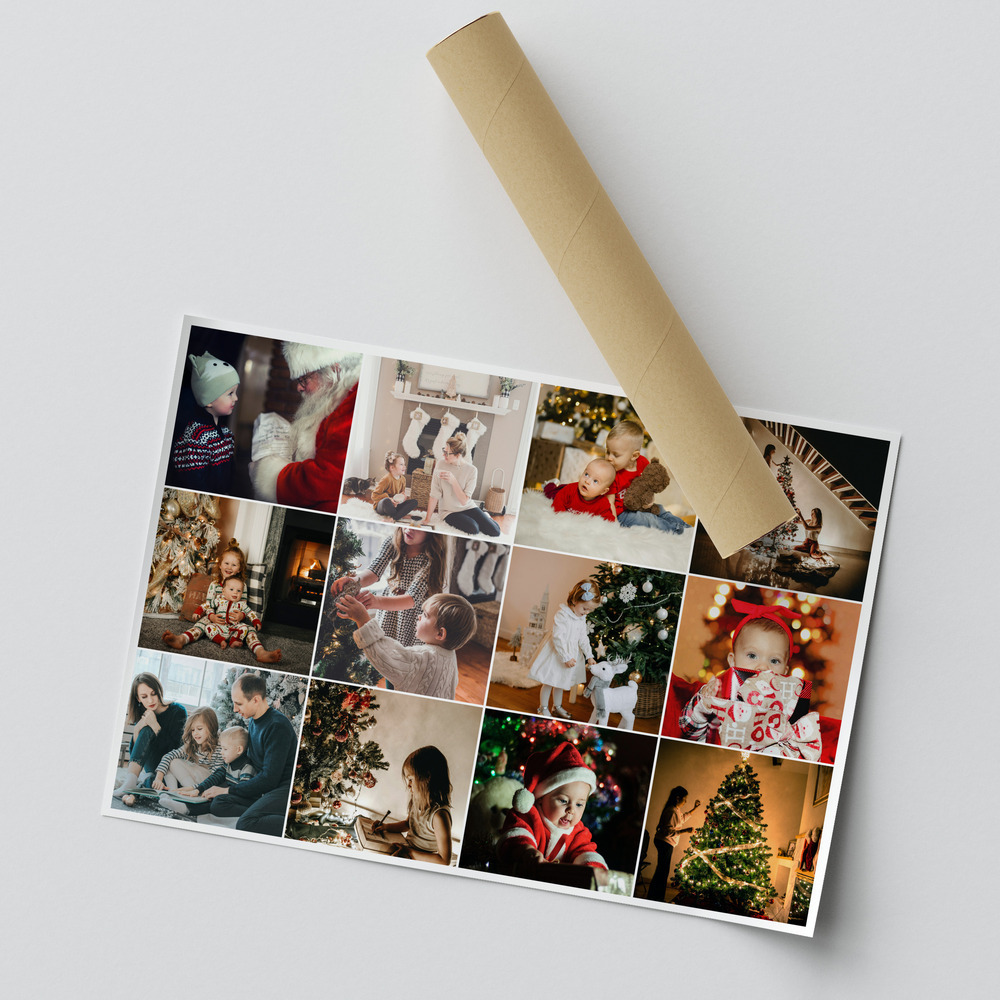 Póster con collage de fotos navideñas en cuadrícula y esquina enrollada, un regalo para los padres