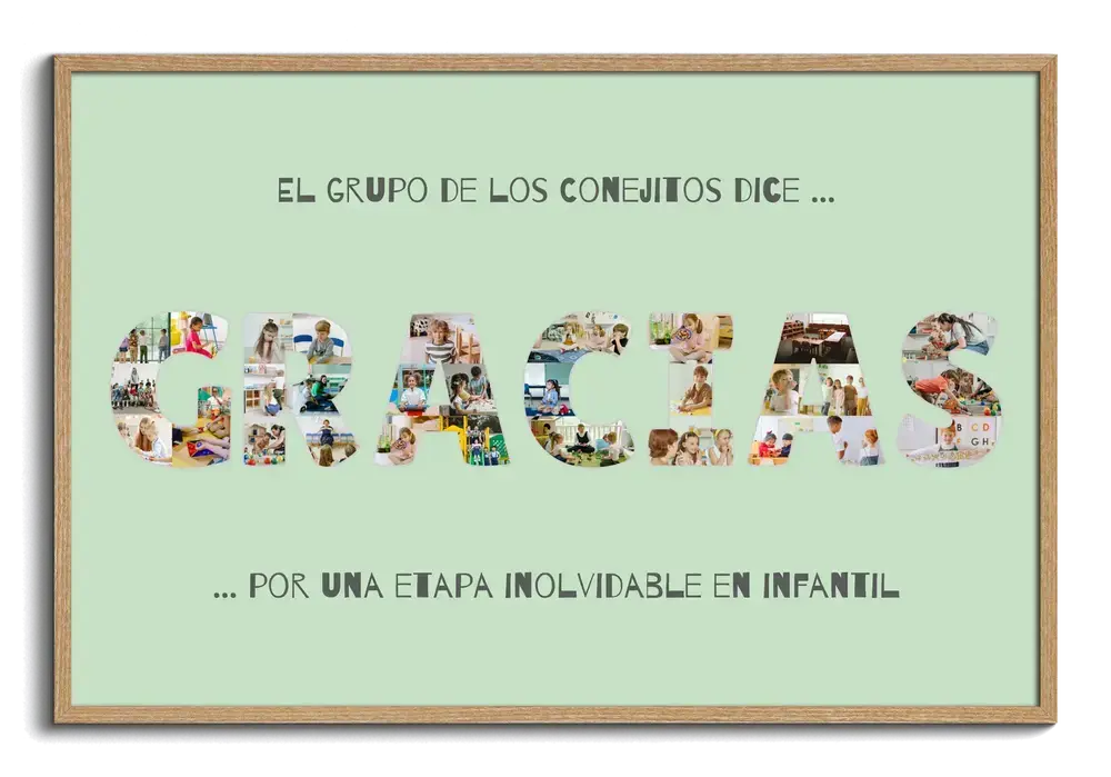 Collage de fotos de infantil en forma de letras, con fondo verde menta y texto personalizado, en marco de madera