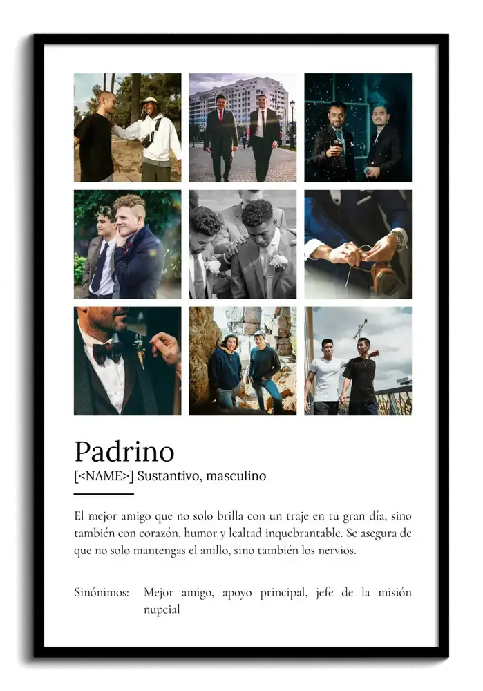 Lámina con nueve fotos y definición en marco negro, un regalo para el padrino de boda