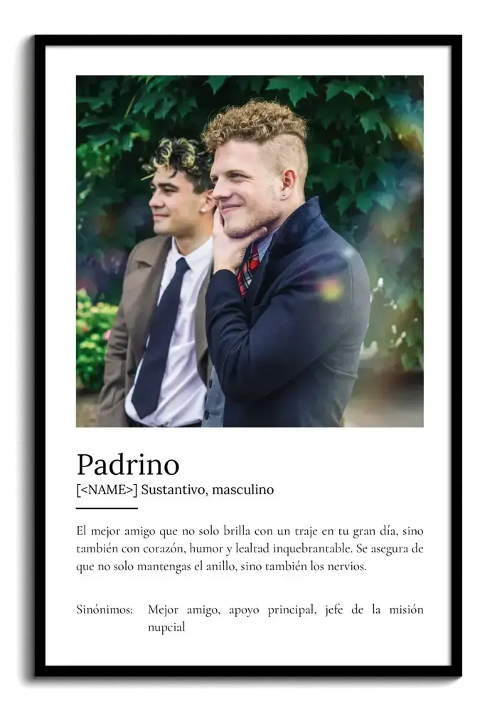 Lámina con foto y definición en marco negro, un regalo personalizado para el padrino de boda