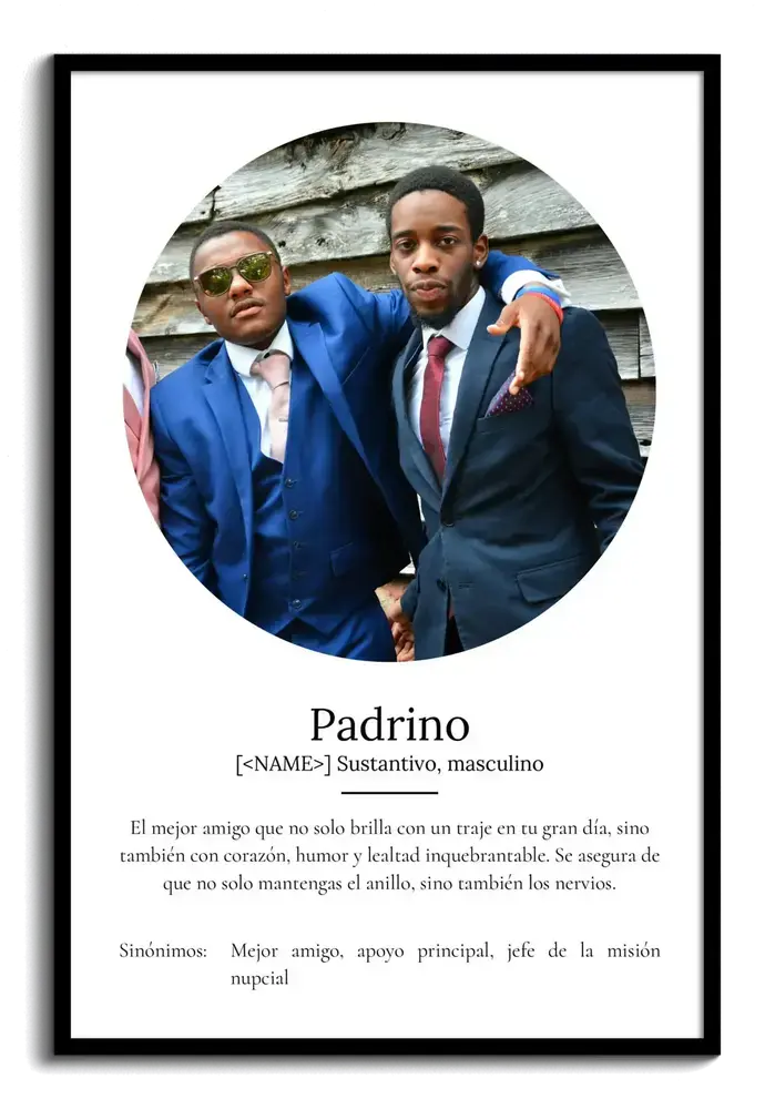 Lámina con foto ovalada y definición en marco negro, regalo para el padrino de boda