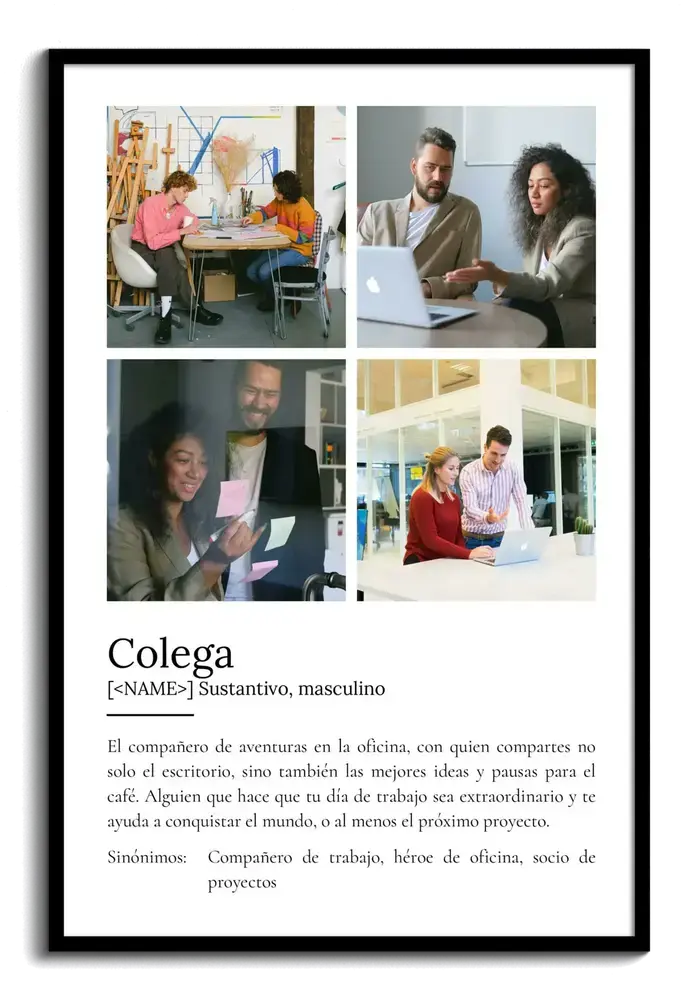 Lámina estilo diccionario con cuatro fotos y marco negro, regalo personalizado para un compañero de trabajo