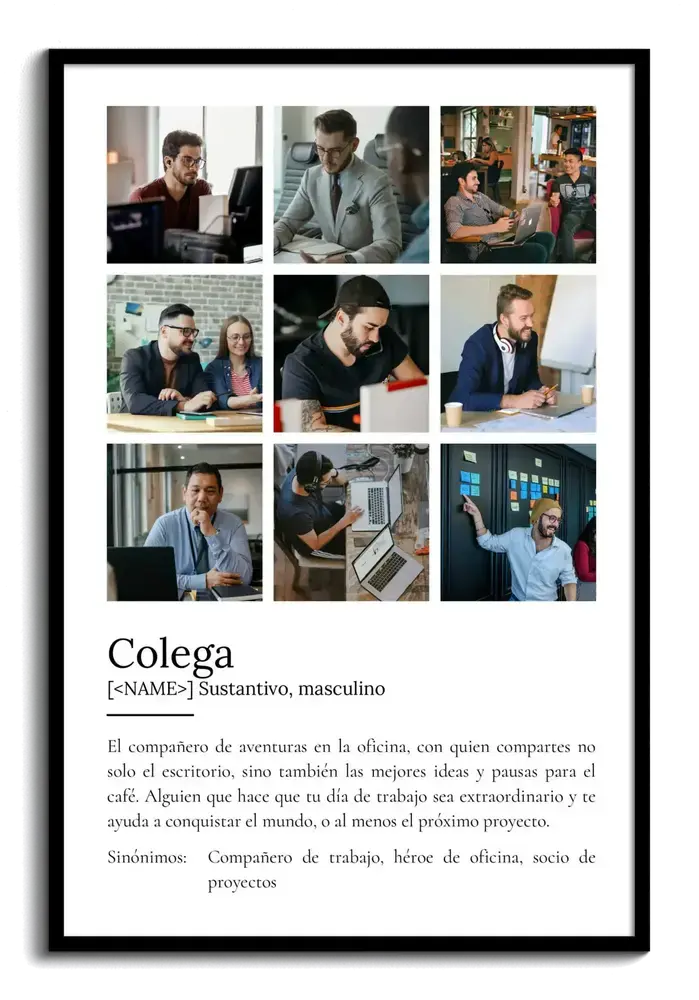 Collage de nueve fotos con definición y marco negro, un regalo con recuerdos para un compañero de oficina