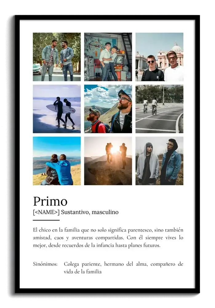 Lámina para primo estilo diccionario con collage de nueve fotos y marco negro sobre fondo blanco