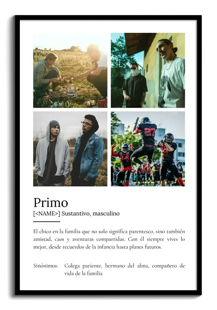 Lámina personalizada para primo con cuatro fotos y definición estilo diccionario, enmarcada en negro