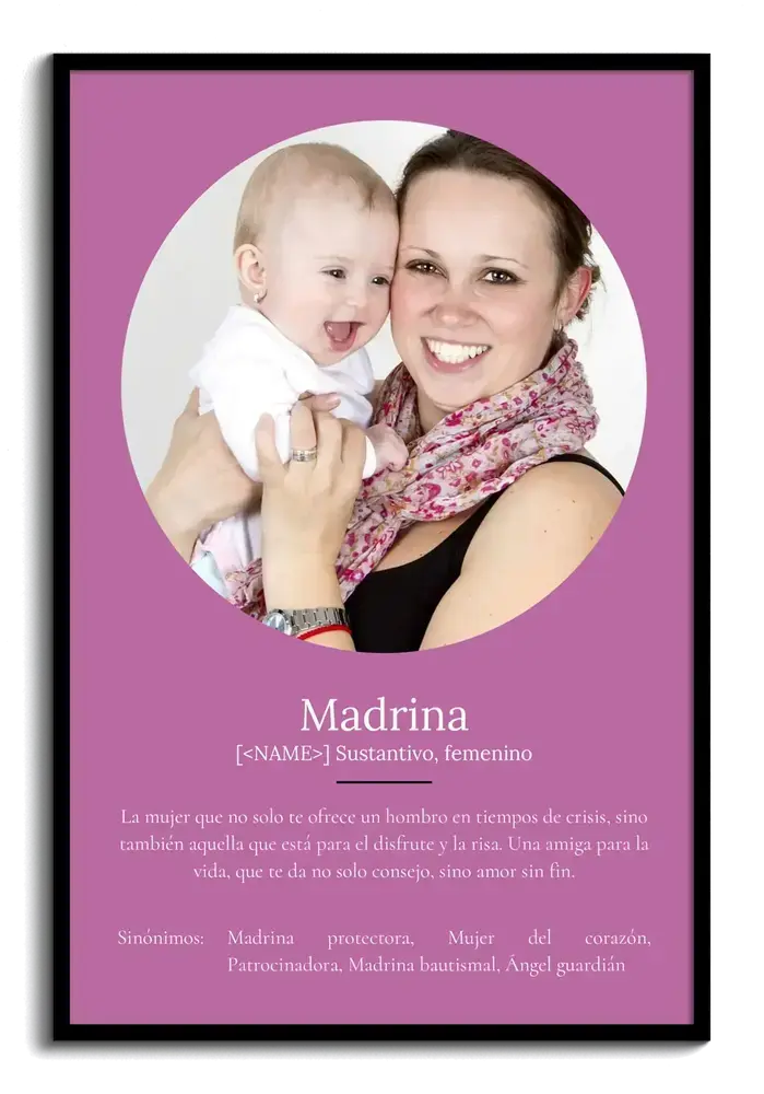 Lámina de definición para madrina con foto circular, fondo violeta y marco negro.