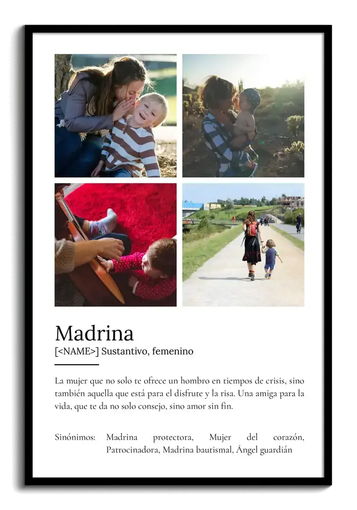 Lámina de definición para madrina con cuatro fotos en cuadrícula, texto personalizado y marco negro.