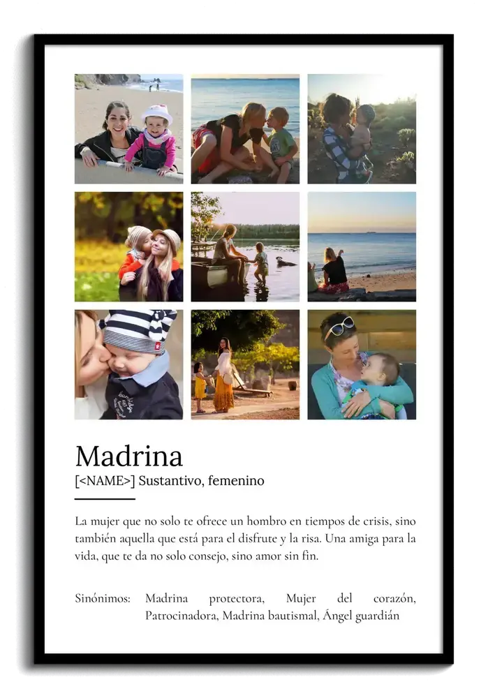 Lámina para madrina con definición personalizada y collage de nueve fotos sobre fondo blanco, en marco negro.