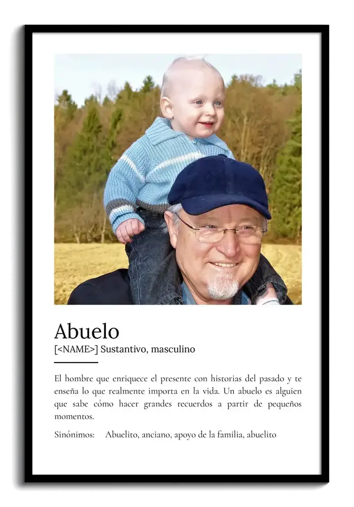 Lámina con definición de abuelo y foto rectangular con su nieto, sobre fondo blanco y enmarcada en negro.