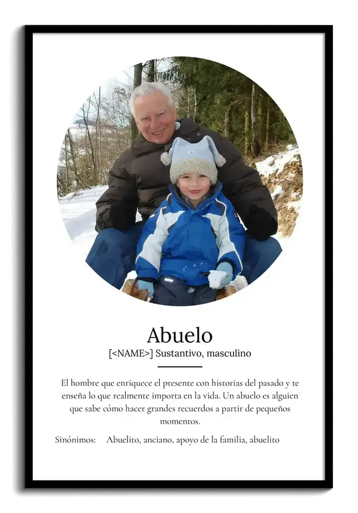 Póster con definición de abuelo y foto circular con su nieto en la nieve, en marco negro sobre fondo blanco.
