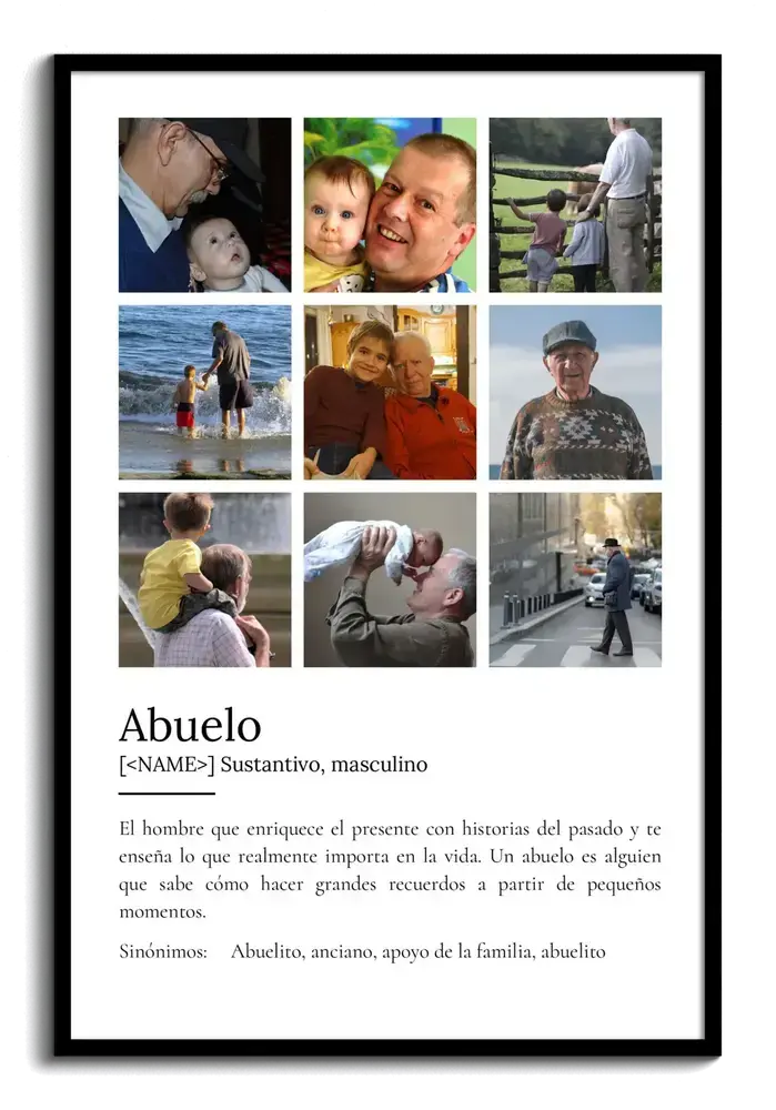 Póster con nueve fotos familiares en cuadrícula y definición de abuelo, con fondo blanco y marco negro.