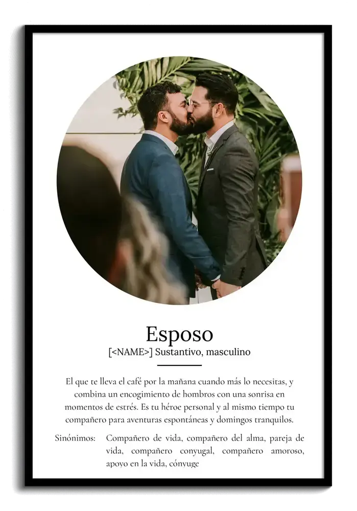 Lámina con definición de marido y foto circular en marco negro, regalo de boda personalizado