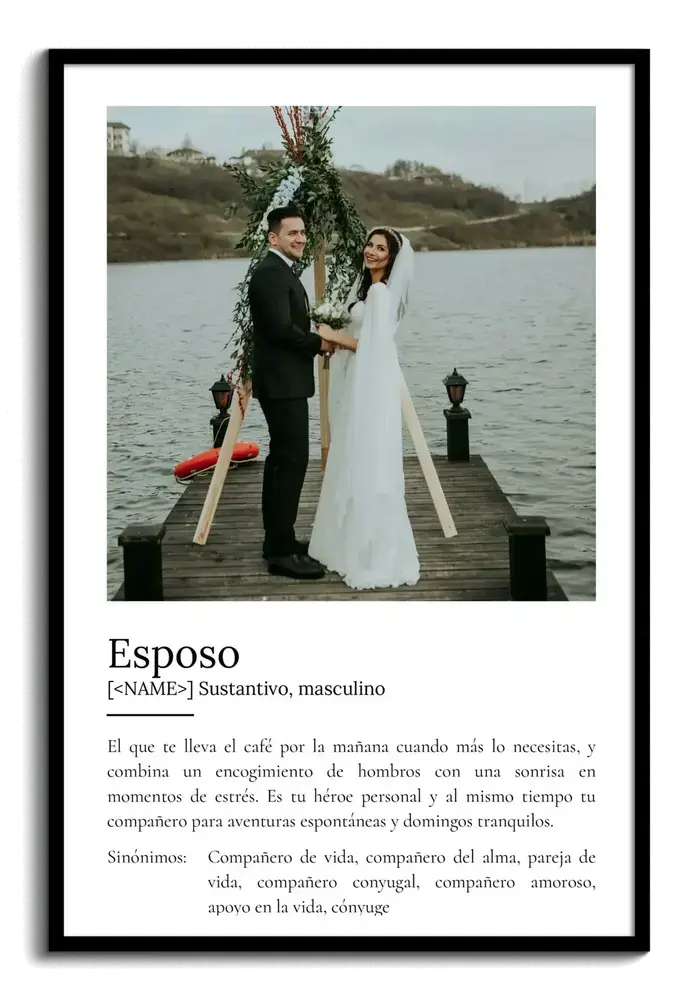 Póster con definición de marido y foto de boda en marco negro, un regalo para el aniversario