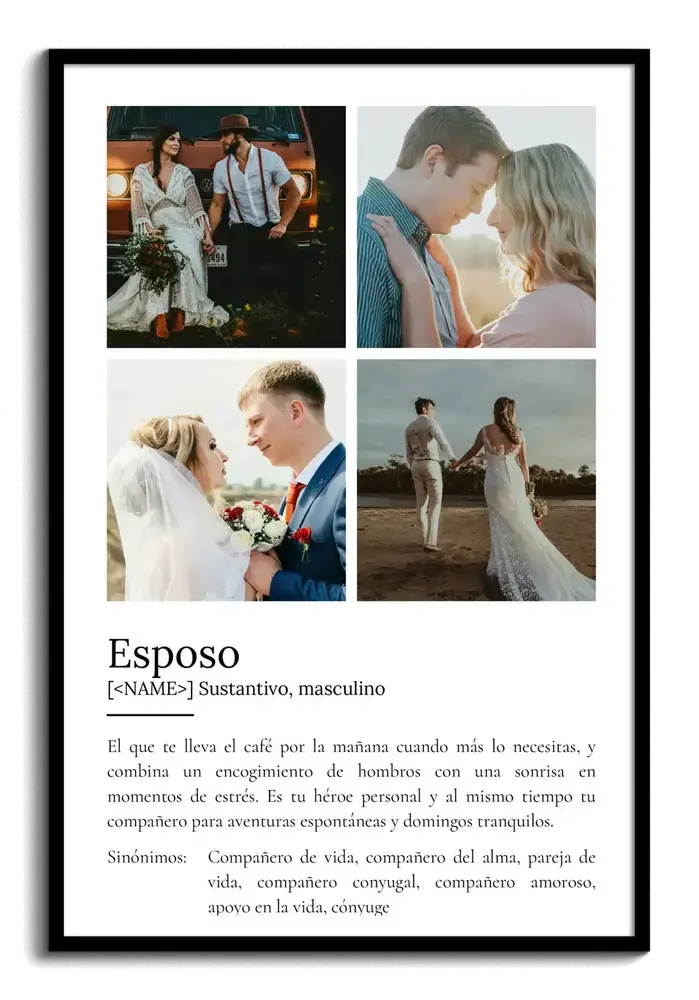 Cuadro con definición de marido y cuatro fotos de pareja en marco negro, detalle personal para regalar al esposo