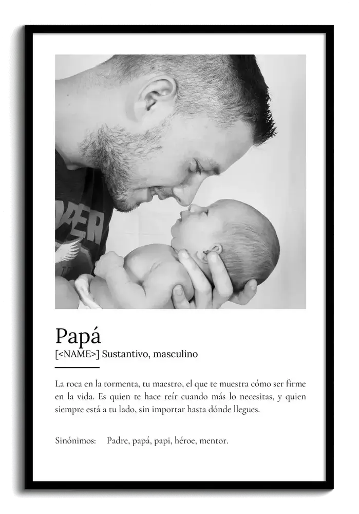 Lámina con definición y foto en blanco y negro, en marco negro, como regalo personalizado para papá