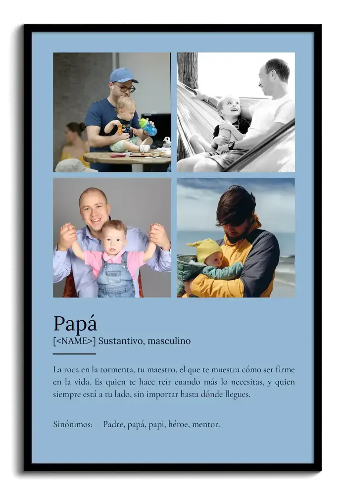 Lámina azul con cuatro fotos y definición en marco negro, una idea de regalo para papá