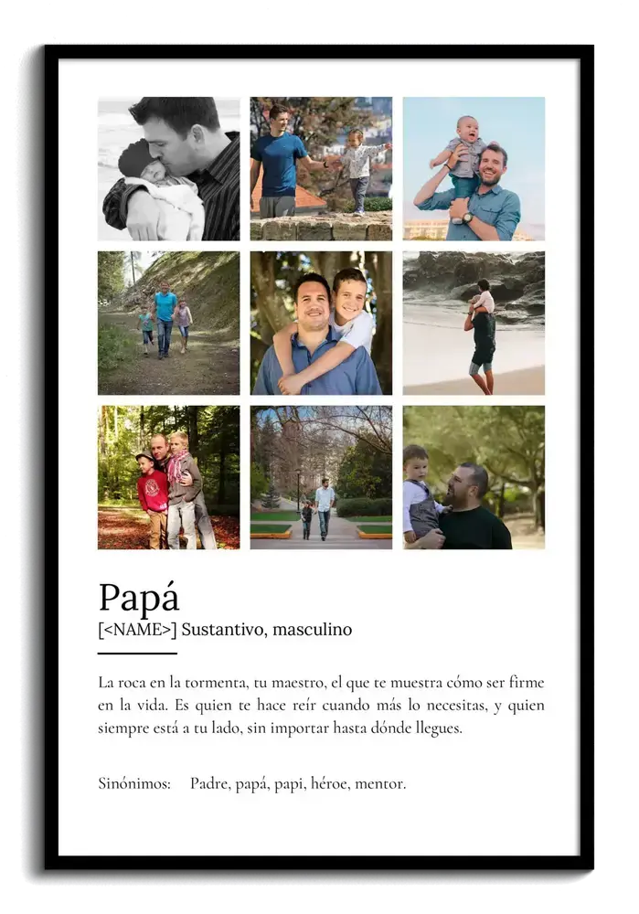 Collage de nueve fotos con definición en marco negro, un regalo para celebrar el cumpleaños de papá