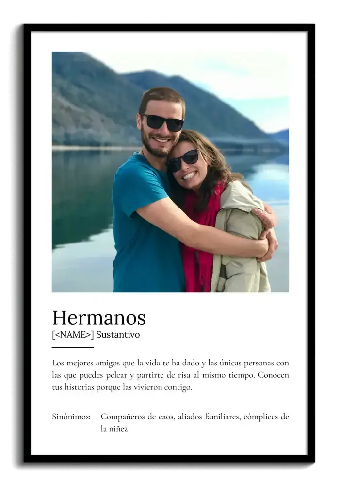 Lámina con definición de hermanos y foto en marco negro, un regalo personalizado para un hermano o hermana