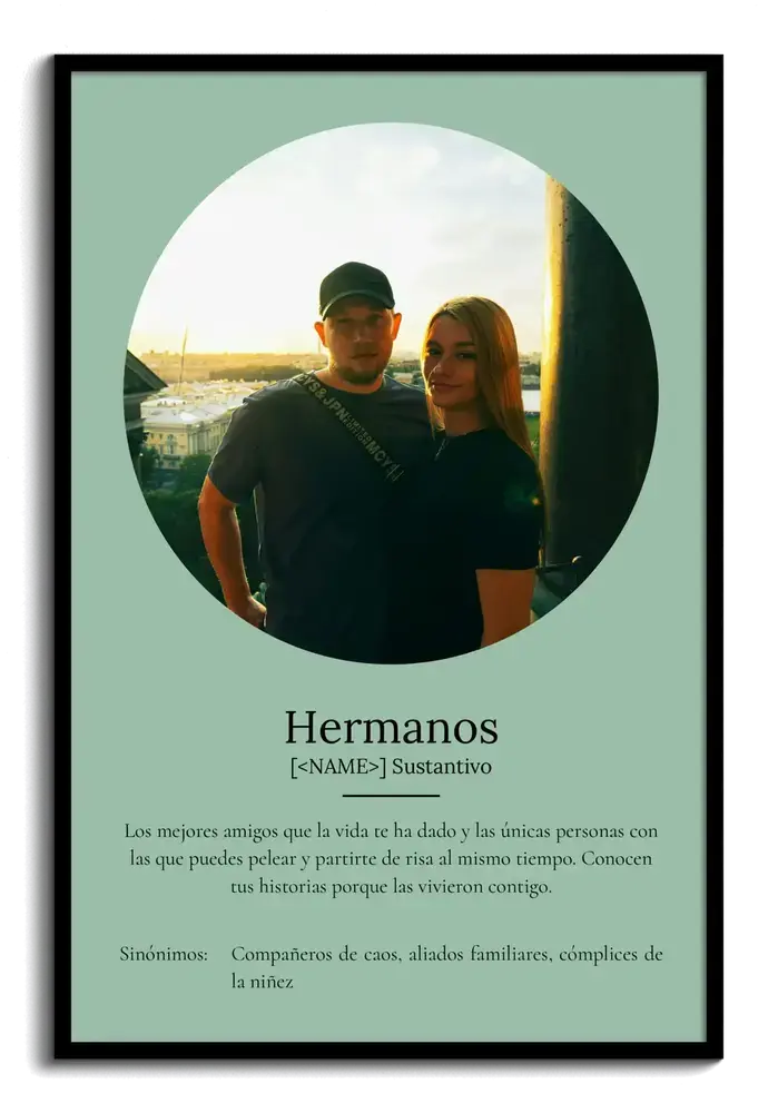 Póster con definición de hermanos y foto circular sobre fondo verde salvia, enmarcado en negro