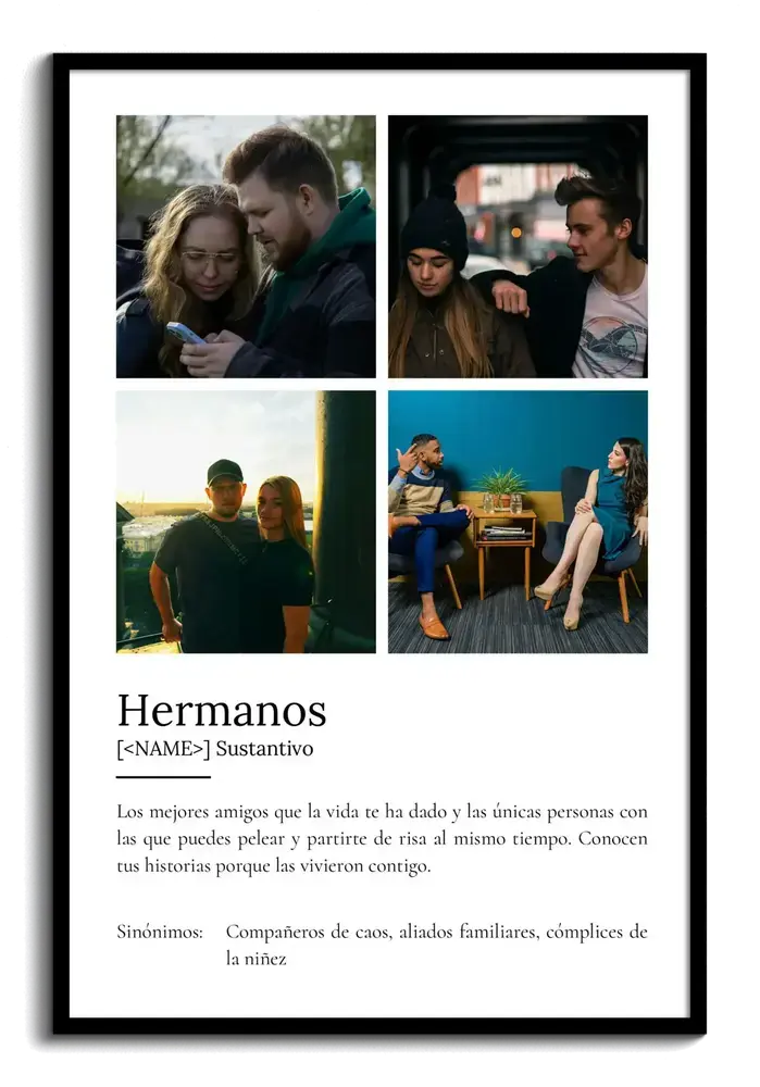 Collage de cuatro fotos con definición de hermanos en marco negro, un detalle personal para regalar a tu hermana