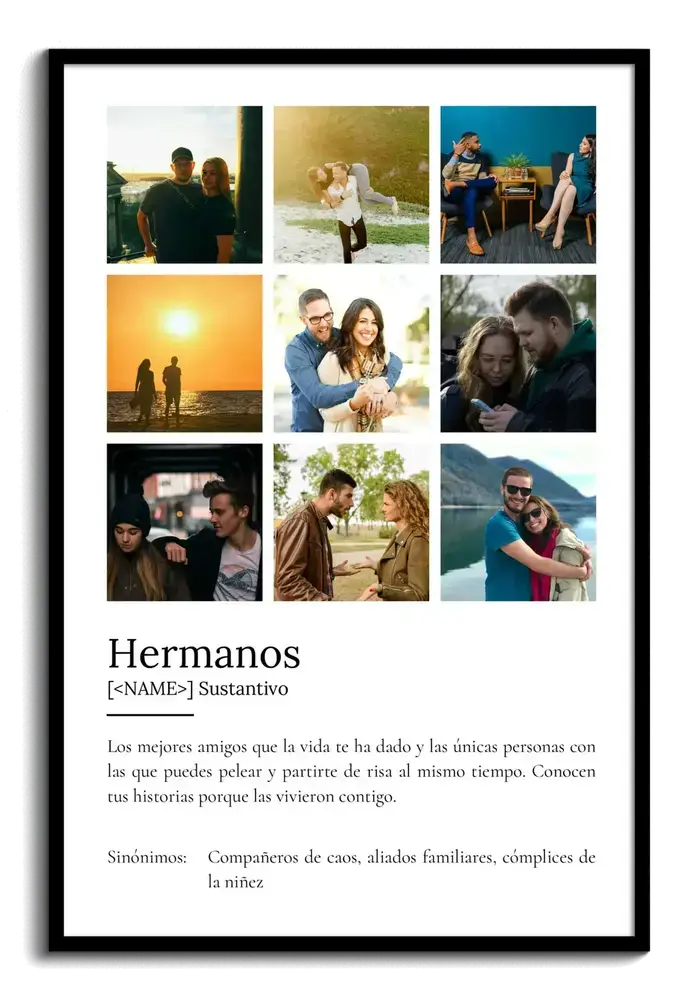 Póster con collage de nueve fotos y definición de hermanos, con fondo blanco y marco negro