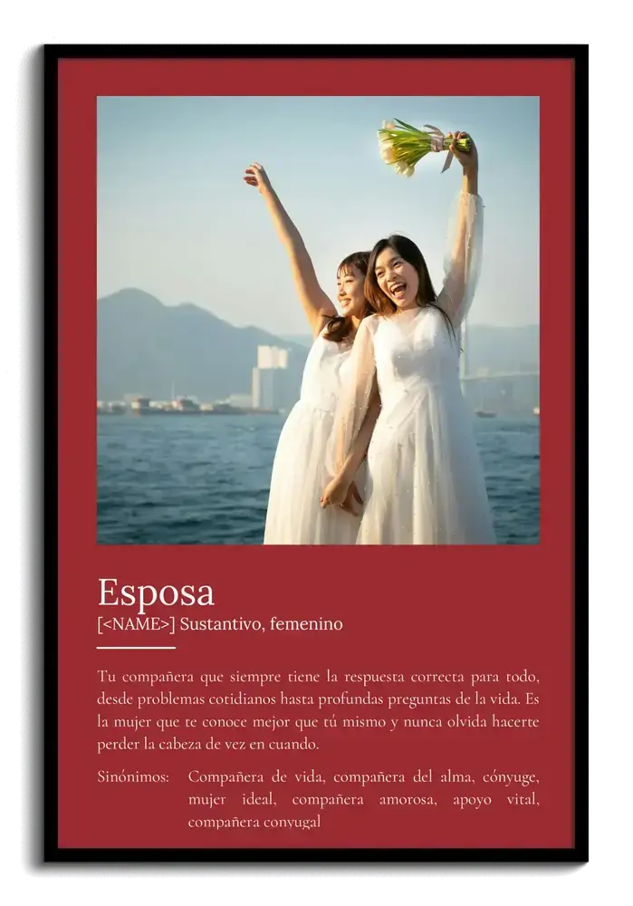 Lámina de definición de esposa con foto de dos novias, fondo burdeos y marco negro