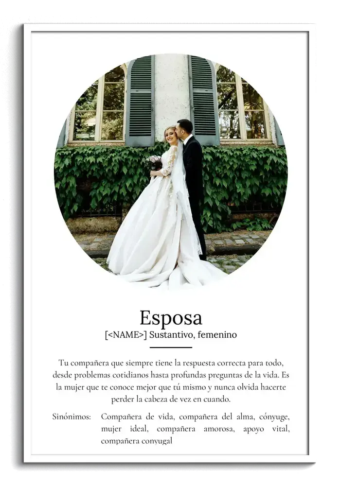 Póster estilo diccionario dedicado a la esposa, con foto circular de boda y marco blanco