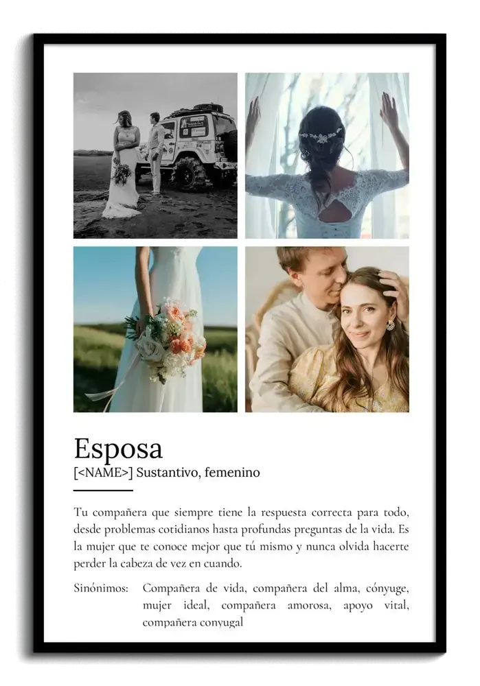 Lámina de definición de esposa con cuatro fotos de boda en cuadrícula, fondo blanco y marco negro
