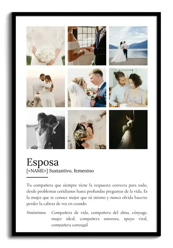 Póster estilo diccionario dedicado a la esposa con nueve fotos de boda en cuadrícula y marco negro