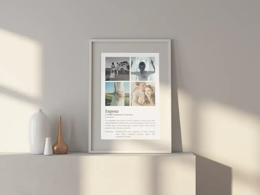 Póster de definición con cuatro fotos de boda sobre un aparador blanco, detalle de aniversario para la esposa