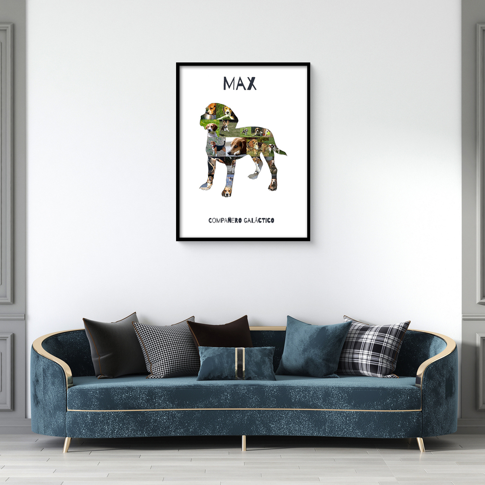 Collage de fotos en forma de beagle con nombre y dedicatoria, en marco negro sobre el sofá azul del salón