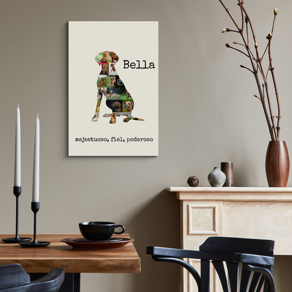 Cuadro de fotos en silueta de rhodesian ridgeback sentado, con nombre sobre fondo crema, junto a la chimenea.