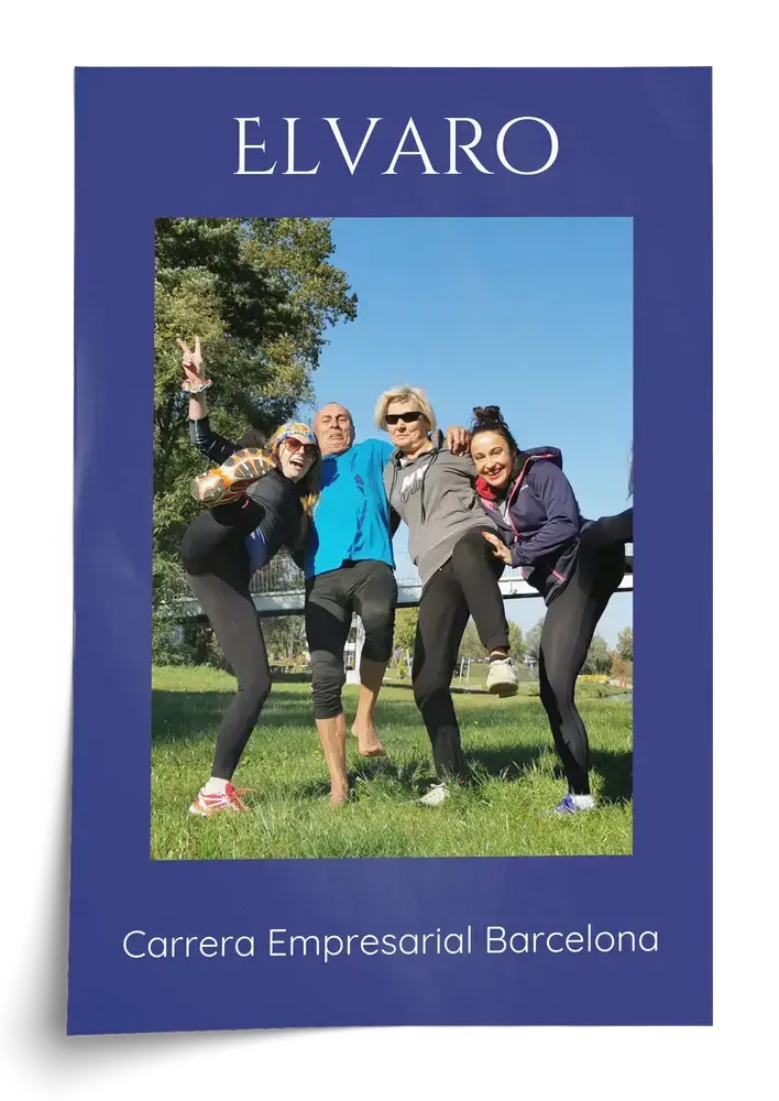 Póster de la carrera de empresas con foto de equipo, fondo azul oscuro y nombres de la empresa y del evento