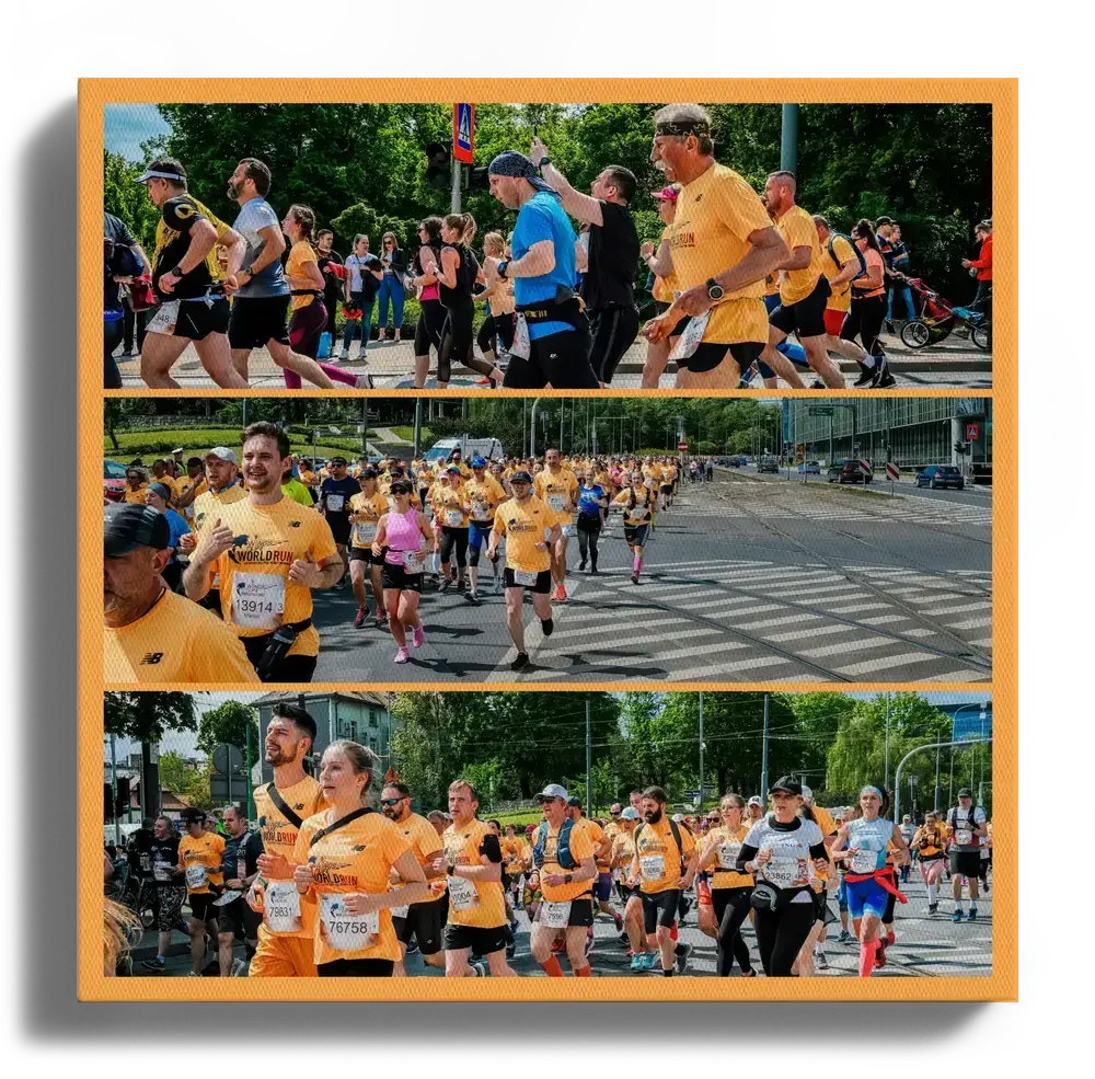 Collage en lienzo de una carrera de empresas con tres fotos panorámicas y borde naranja, regalo para el equipo