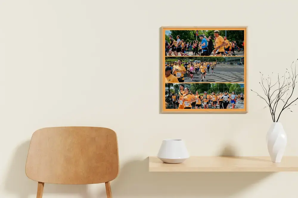 Collage de una carrera de empresas con tres franjas de fotos y borde naranja en una pared junto a una silla de madera