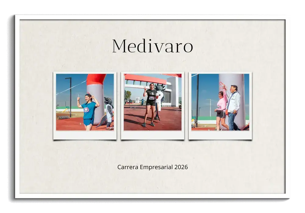Collage de carrera de empresas con tres fotos estilo Polaroid y texto en marco blanco, un regalo para compañeros