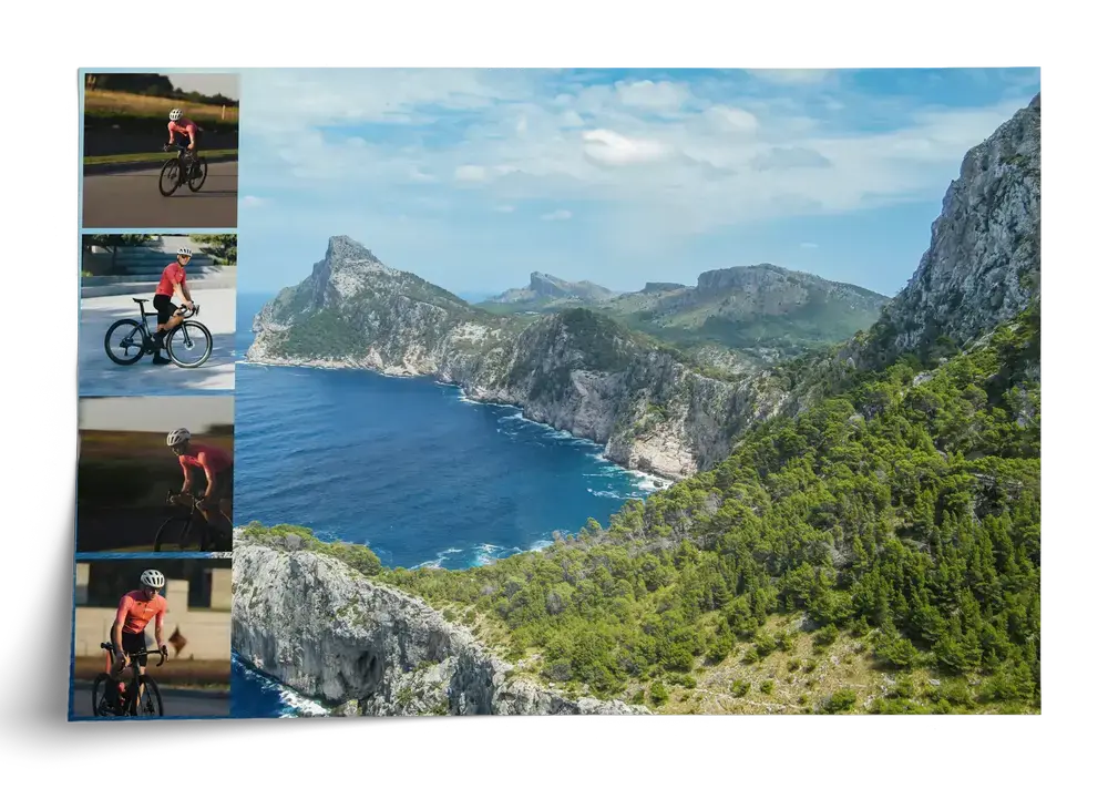 Póster horizontal de collage de ciclismo con una gran panorámica costera y cuatro fotos pequeñas a la izquierda