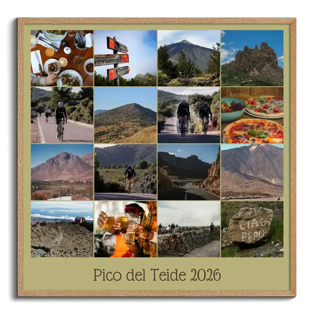 Collage de ciclismo en marco de madera con 16 fotos de montañas y descansos, texto y año