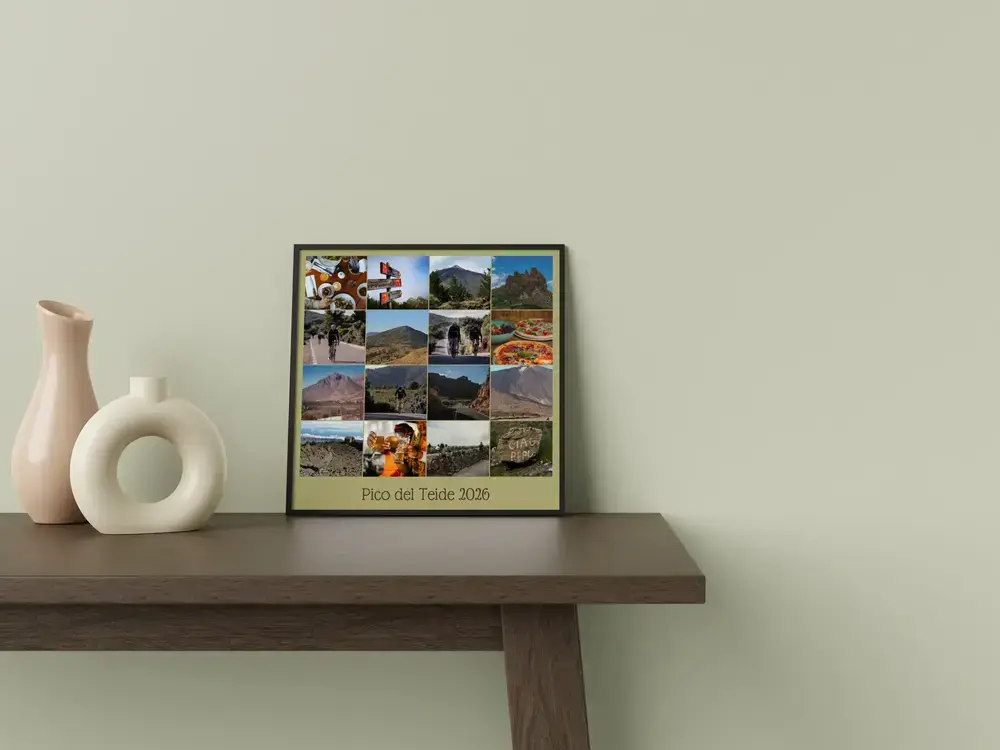 Collage de ciclismo enmarcado con texto sobre una mesa junto a jarrones, un regalo personalizado para amantes de la bici
