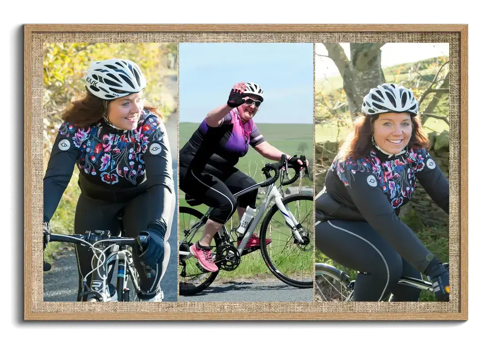 Collage horizontal en marco de madera natural con tres fotos verticales de una ciclista una junto a otra