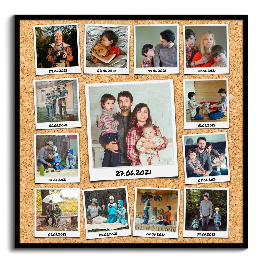Collage familiar de fotos instantáneas con fondo de corcho y marco negro, un regalo de cumpleaños personalizado