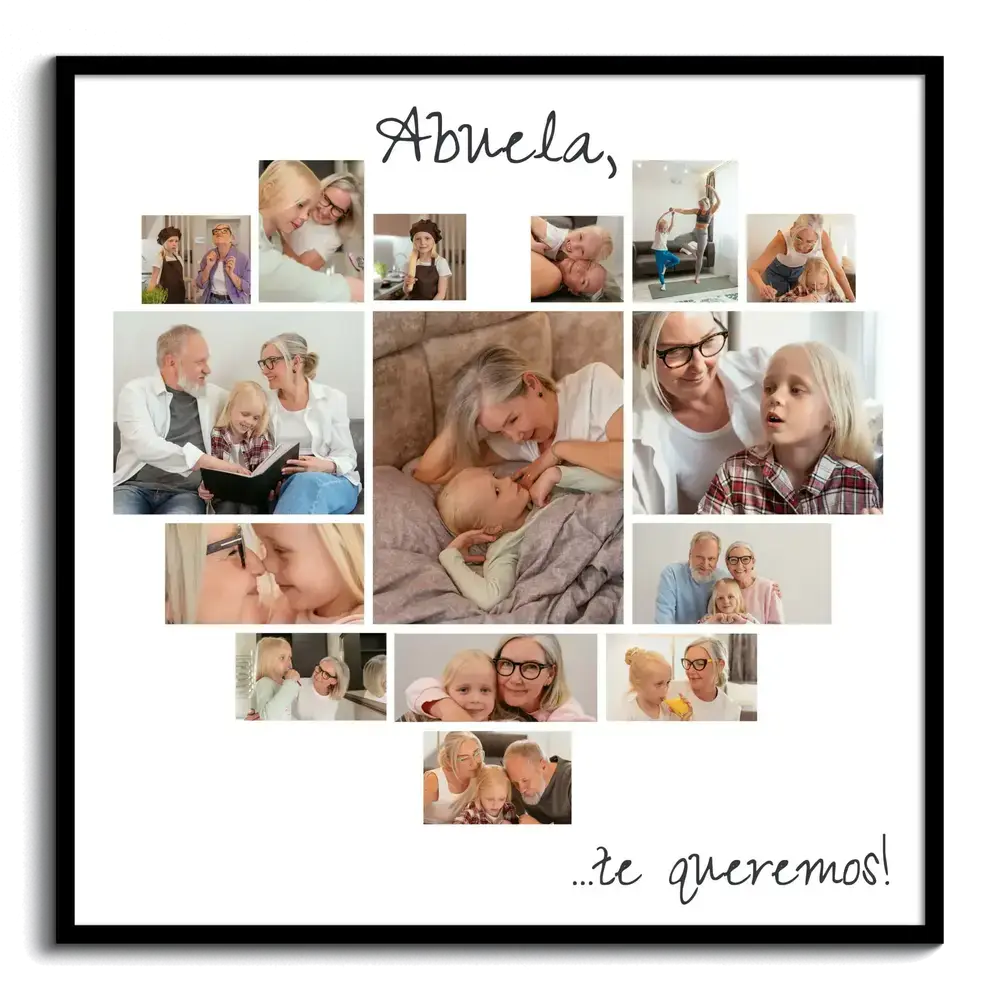 Collage de fotos en forma de corazón para la abuela, con dedicatoria sobre fondo blanco y marco negro