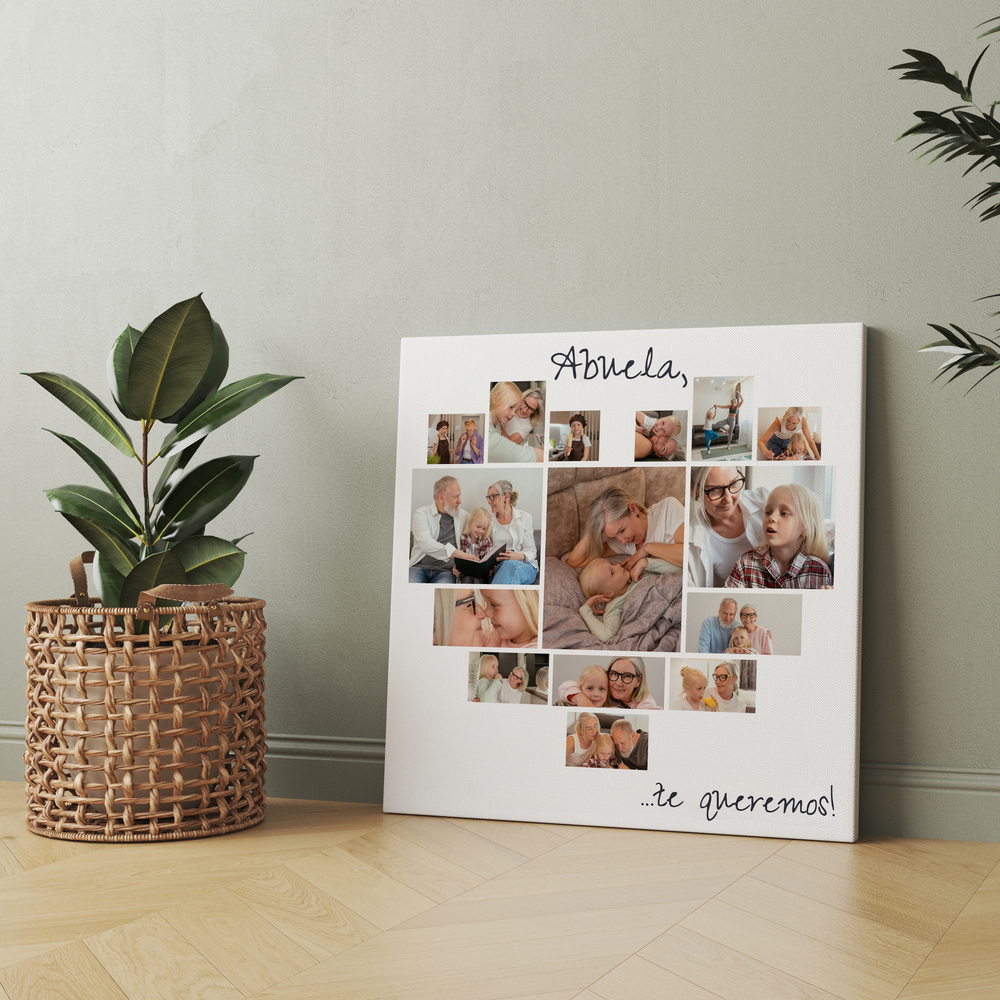 Lienzo con collage de fotos en forma de corazón y dedicatoria, apoyado en la pared junto a una planta