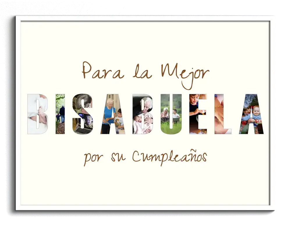 Collage de fotos en letras para bisabuela, con dedicatoria de cumpleaños y marco blanco sobre fondo claro